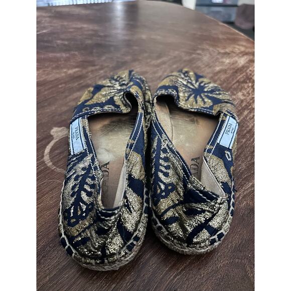 PRADA Casual Preppy Festival Brocade Navy Blue & Gold Fabric Espadrilles 37 / 7 - Picture 10 of 15